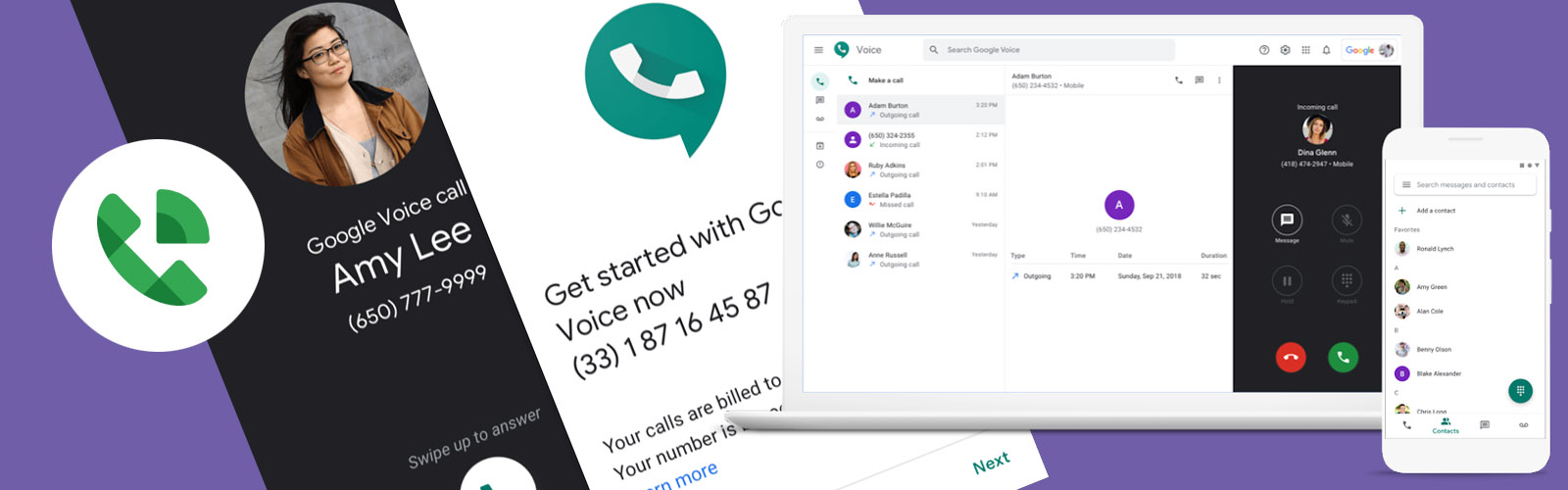 Screen shots of Google Voice for Business being used on a laptop and mobile