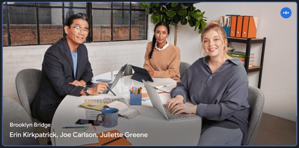 3 people on a Google Meet call in a Hybrid Working office