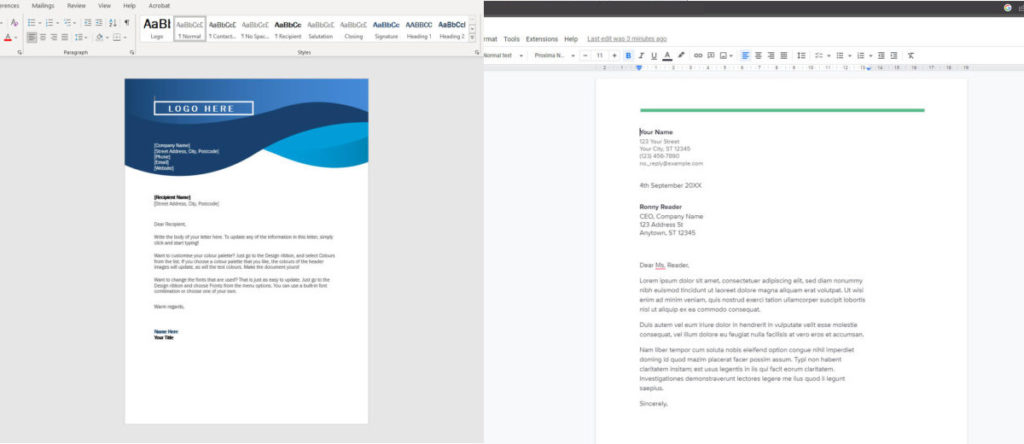 Google Docs vs Microsoft Word - side by side screenshot comparison