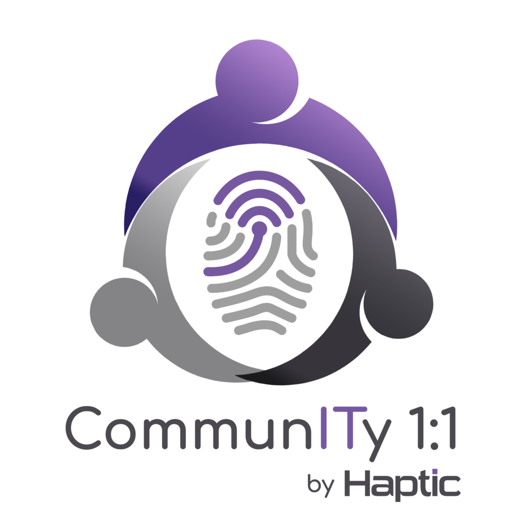 CommunITy 1:1 parental contribution scheme logo. 3 figures hugging in a circle around the Haptic fingerprint logo.