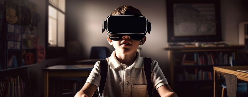 Student wearing a VR headset in classroom