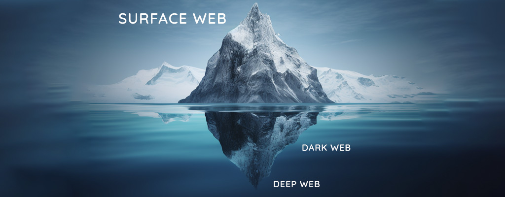 Visual representation of the Dark Web shown as an iceberg above and below water
