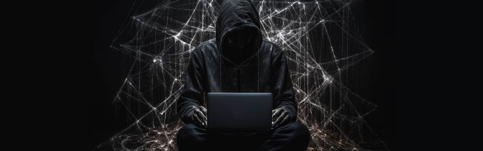 A man lurking in the darkness using his laptop to view the Dark Web