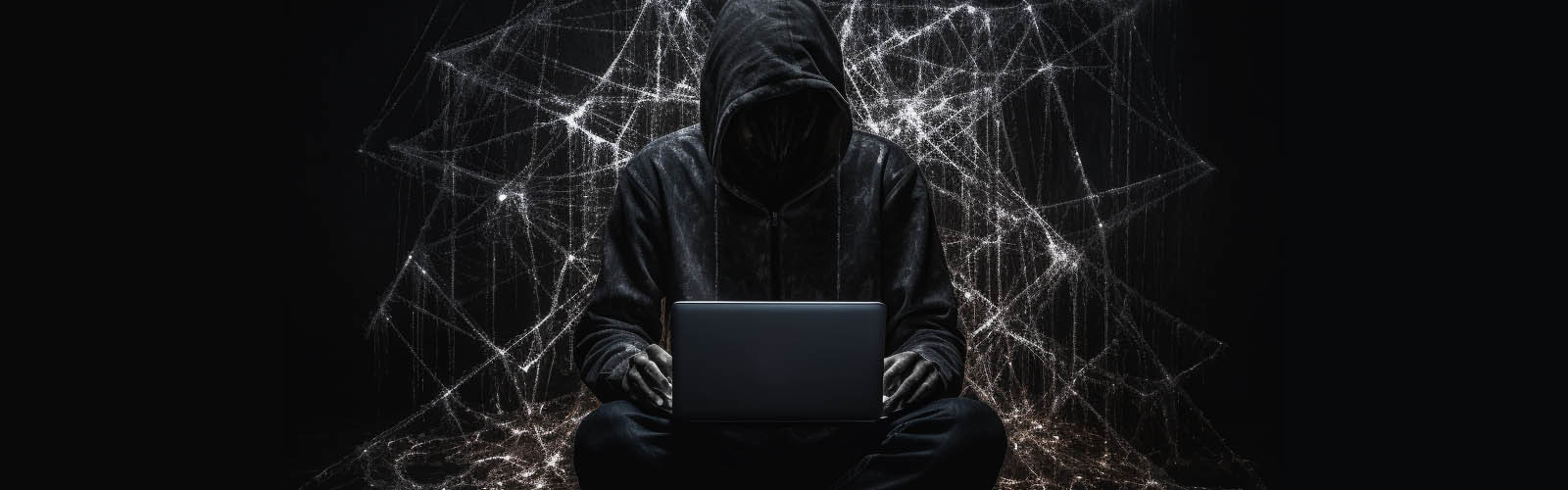 A man lurking in the darkness using his laptop to view the Dark Web