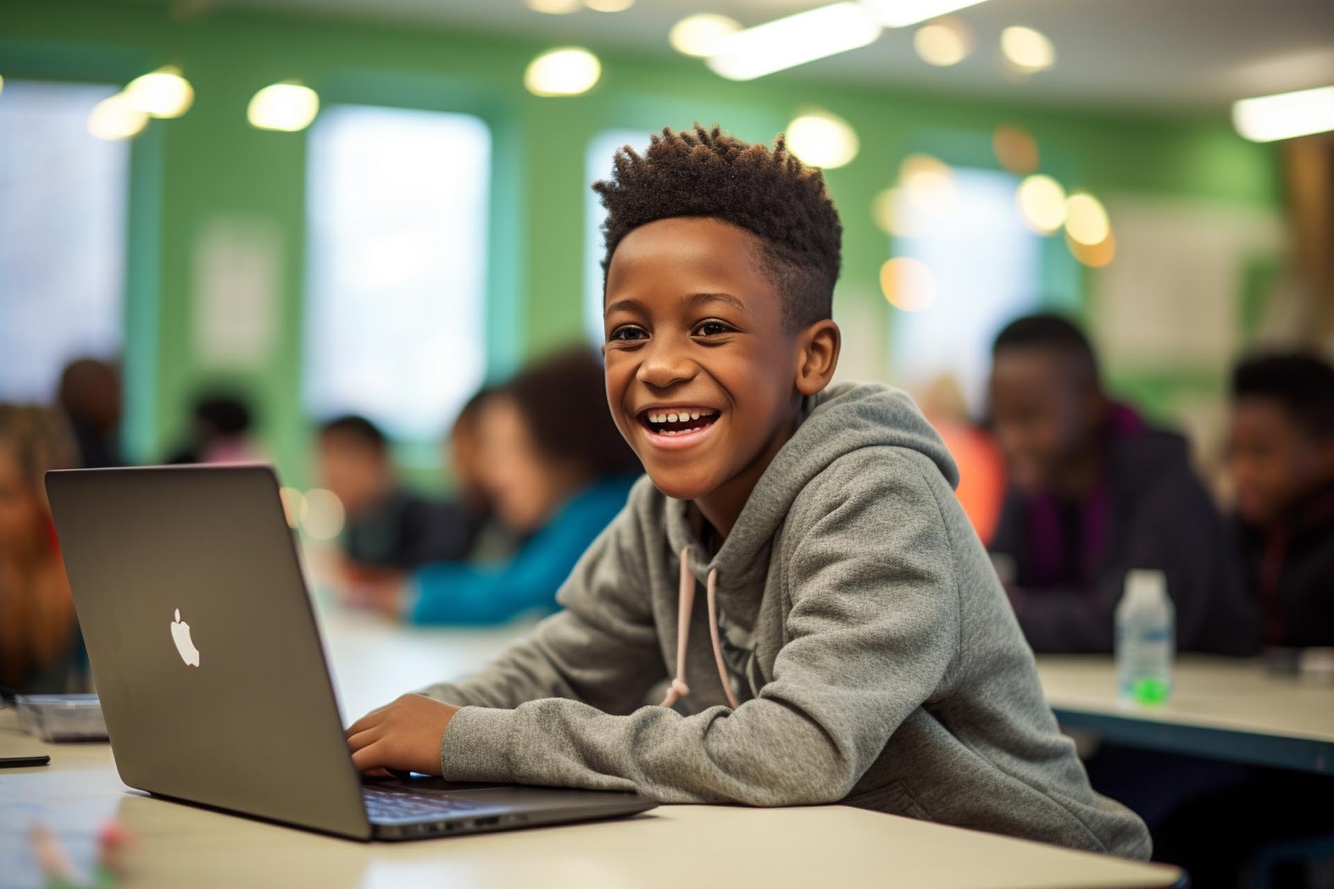 Children's online safety - child using a laptop in a classroom