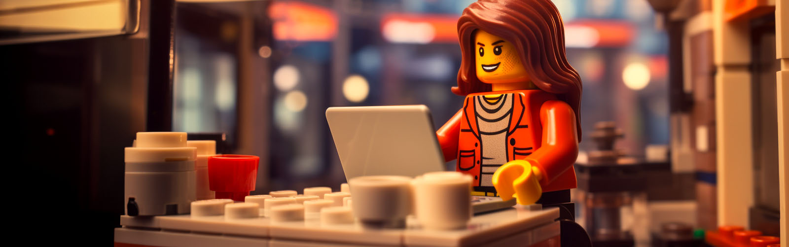Lego character using a laptop in a coffee shop enabled with WiFi 7